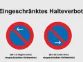 Zwei Verkehrszeichen: Beginn eines eingeschränkten Halteverbots (links, Pfeil nach links) und Ende eines eingeschränkten Halteverbots (rechts, Pfeil nach rechts).