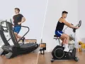 Man running on a treadmill vs. man cycling on a stationary bike. A split image showcasing two popular cardio workouts.