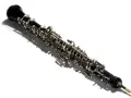 Ein elegantes Musikinstrument, eine Oboe, liegt im Schatten.
