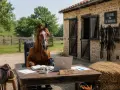 Un cheval brun avec des lunettes est assis à un bureau devant un ordinateur portable, à côté d'une écurie.