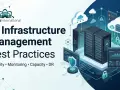 Illustration of IT infrastructure management, featuring servers, clouds, and security icons, highlighting best practices for network infrastructure management.