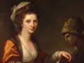 Portrait d'Angelica Kauffmann, artiste peintre, tenant un livre, avec une statue antique en arrière-plan.