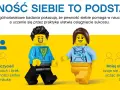 Dwie postacie z klocków LEGO, symbolizujące dzieci, stoją na tle hasła "Pewność siebie to podstawa!". Obok statystyki o tym, jak wzmocnić pewność siebie u dziecka.