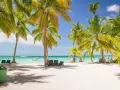 Rajska plaża na Dominikanie z palmami, leżakami i łodziami na turkusowym morzu. Idealne miejsce na wakacje, gdzie wiza nie jest problemem.