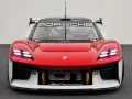 Czerwony samochód wyścigowy Porsche Mission R z białymi akcentami i logo Porsche.