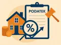 Dom, stos monet i dokument z napisem "PODATEK" oraz symbolem procentu i strzałką w górę. Podatek od sprzedaży nieruchomości.
