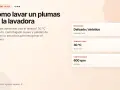 Guía para lavar plumas en lavadora: programa delicado, 30°C, centrifugado suave y secado con pelotas de tenis.