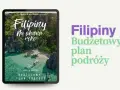 Filipiny na własną rękę – budżetowy plan podróży. Tropikalna wyspa z palmami i łodzią na turkusowej wodzie.