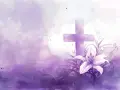 Fioletowy krzyż i lilia na tle akwarelowych chmur. Jak w psalm 147, chwała Bogu za piękno stworzenia.