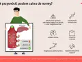 Ilustracja pokazuje, jak utrzymać prawidłowy **poziom cukru we krwi** poprzez dietę, aktywność fizyczną i unikanie stresu.