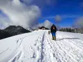 Winterliche Aueralm Wanderung: Ein Wanderer mit Hund bahnt sich den Weg durch tiefen Schnee zu einer Hütte, umgeben von verschneiten Bäumen und blauem Himmel.