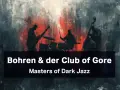 Silhouettes muzyków zespołu Bohren & der Club of Gore na tle mrocznego, abstrakcyjnego obrazu z czerwonymi akcentami.