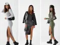Trzy kobiety w dopasowanych sukienkach z rozcięciem i butach. Stylizacje są casualowe, idealne na co dzień.