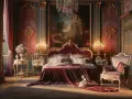 Chambre opulente, drapée de velours rouge, avec un tableau rappelant Fragonard Le Verrou. Une poupée de porcelaine repose sur la couverture.