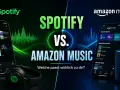 Spotify vs. Amazon Music: Zwei Smartphones zeigen die Benutzeroberflächen der Musikdienste. Kopfhörer und ein Echo-Lautsprecher vervollständigen die Szene.