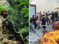 Żołnierz w Republice Konga czuwa, podczas gdy tłum niesie przedmioty przez dym i płomienie.