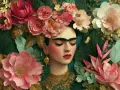 Portrait de Frida Kahlo, couronnée de fleurs roses et blanches, entourée de feuillage luxuriant et de touches dorées. Une œuvre inspirée par le style de Frida Kahlo.