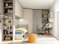 Camerette con cabina armadio, letto singolo, scrivania e libreria. Arredamento moderno e funzionale per ragazzi.