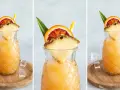 Orzeźwiający drink z ananasem i pomarańczą w szklance w kształcie ananasa, ozdobiony owocami i słomką.
