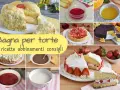 Collage di torte e ingredienti per bagna per pan di spagna: torte decorate, fragole, arance, gelatina, creme e sciroppi.