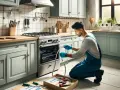 Instalator w niebieskim kombinezonie pokazuje, jak podłączyć kuchenkę gazową, trzymając w rękach wąż i złączki.