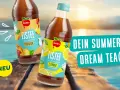 Zwei Flaschen Wolgra Eistee, Pfirsich und Zitrone, stehen auf einer Holzplanke am See. Perfekt für deinen Summer Dream Tea!