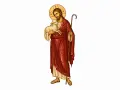 Jezus dobry pasterz, trzymający na rękach jagnię i laskę pasterską. Wokół głowy ma złoty nimb.