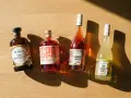 Vier Flaschen Dr. Jaglas Spritz: San Orangello, Sprit, Hibiskus Spritz und San Limello Spritz. Alle sind alkoholfrei, was bedeutet, dass sie keinen Neutralalkohol enthalten.