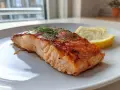 En saftig laxfilé med krispig yta, toppad med dill och serverad med citronklyftor. Perfekt lax med citronsås!