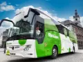 Autobus flibco.com z kierowcą, na tle miejskiej zabudowy i błękitnego nieba.