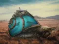 Un escargot géant porte une île avec un phare, abritant des dauphins dans sa coquille. Un montage photo photoshop surréaliste.