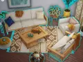 Diseño de sala de estar en Sims 5, con sofás, mesa de centro, plantas y un biombo.