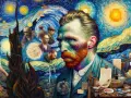 Van Gogh i Paris, omgiven av sina verk och andra konstnärer. En drömsk, virvlande nattscen.