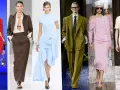 Moda estate 2024 donna: abiti audaci rossi, completi eleganti marroni e azzurri, tailleur verdi e vestiti rosa e crema.