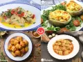 Cuatro deliciosas recetas con patatas: patatas guisadas, patatas rellenas, patatas fritas y patatas con verduras.
