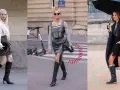 Tre donne sfoggiano eleganti stivali senza calze, completando look audaci e alla moda.