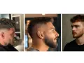 Tres hombres con cortes de pelo modernos. El de la izquierda tiene un mullet con degradado. El del medio, un degradado con barba. El de la derecha, un mullet con flequillo.