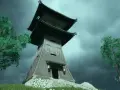 Torre de vigilancia de madera con tejados curvos, como los faros de Ghost of Tsushima, bajo un cielo tormentoso.