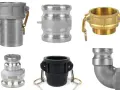 Różne typy złączek camlock: aluminiowe, mosiężne i czarne, w tym kolanko.