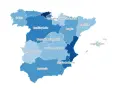 Mapa de España con tonos de azul que indican el consumo medio de agua por persona en cada comunidad autónoma.