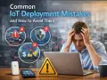 A stressed man is designing for IoT, facing common deployment mistakes like tangled wires, security breaches, and financial losses.