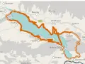 Mapa szlaku rowerowego Velo Dunajec w okolicach Czorsztyna, z zaznaczoną trasą wokół jeziora i widocznymi miejscowościami.