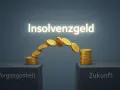 Goldmünzen bilden eine Brücke zwischen "Vergangenheit" und "Zukunft". Die Frage "wie lange dauert es bis das Arbeitsamt Insolvenzgeld zahlt" wird visuell thematisiert.
