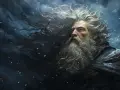 Potężny bóg wiatru północnego, z rozwianymi siwymi włosami i brodą, w burzy śnieżnej.