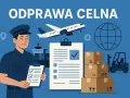 Celnik sprawdza dokumenty spedycyjne. W tle samolot, statek, globus, kartony i wózek widłowy.