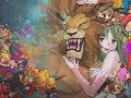Personajes de fighting legends ps4, incluyendo un león gigante, una chica de pelo verde y guerreros chibi, con salpicaduras de pintura.