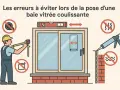 Un ouvrier mesure une baie vitrée coulissante. L'image illustre les erreurs à éviter lors de la pose, notamment en maçonnerie.