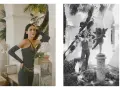 Modella con tuta scintillante e guanti lunghi, ispirata ai coco chanel abiti iconici, posa accanto a statue classiche in un giardino lussureggiante.