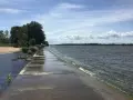 Betonowy falochron w miejscu ujścia Wisły. Woda faluje, a po lewej stronie widać piaszczystą plażę i zieleń.