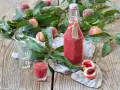 Flasche mit selbstgemachtem Pfirsichschnaps, frische Pfirsiche und Blätter auf Holztisch. Perfekt für den Sommer!